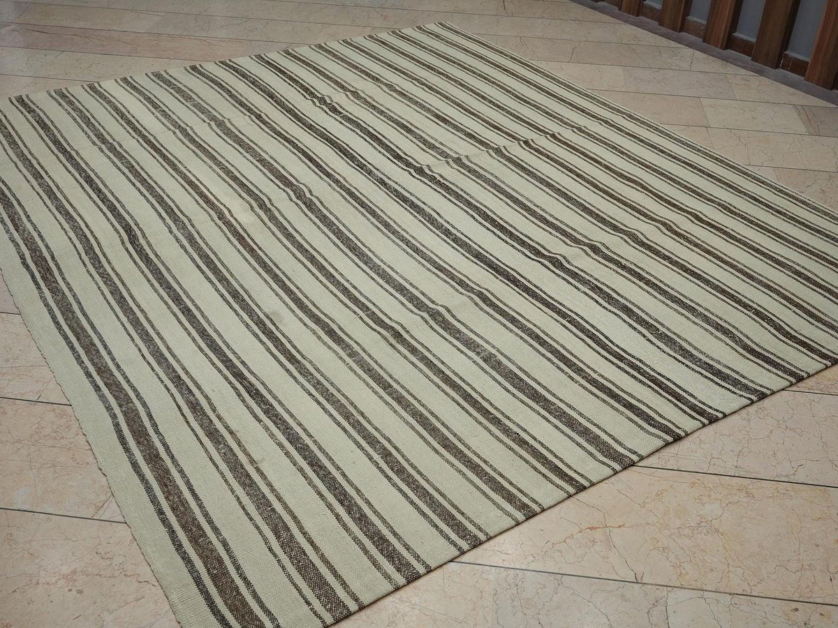 Brown Striped Beige - Natural Wool Turkish Rug,7,5x8,7 Ft,Bohemian Style Home Living Kilim.