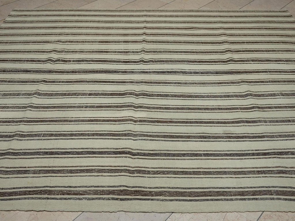 Brown Striped Beige - Natural Wool Turkish Rug,7,5x8,7 Ft,Bohemian Style Home Living Kilim.