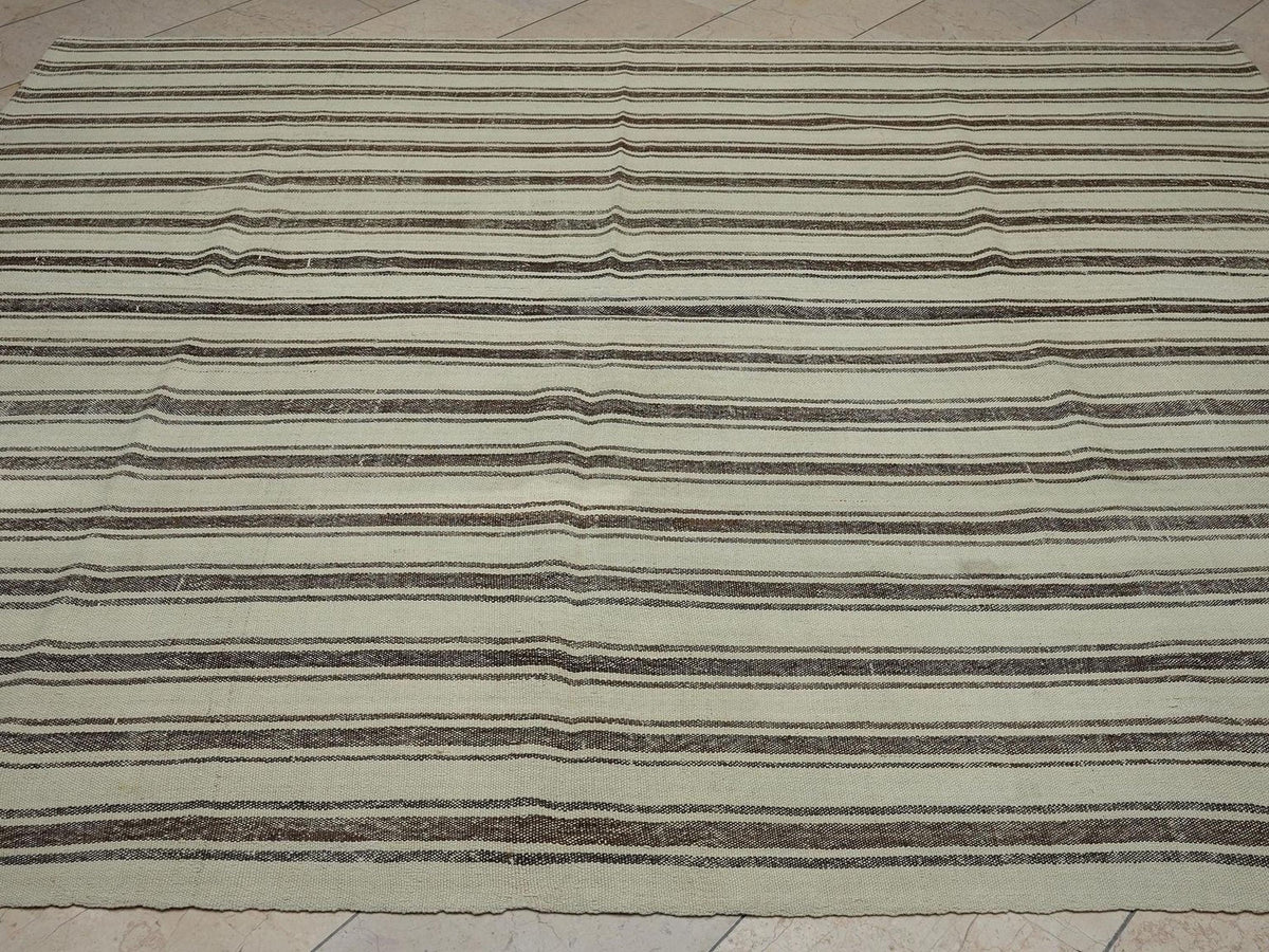 Brown Striped Beige - Natural Wool Turkish Rug,7,5x8,7 Ft,Bohemian Style Home Living Kilim.