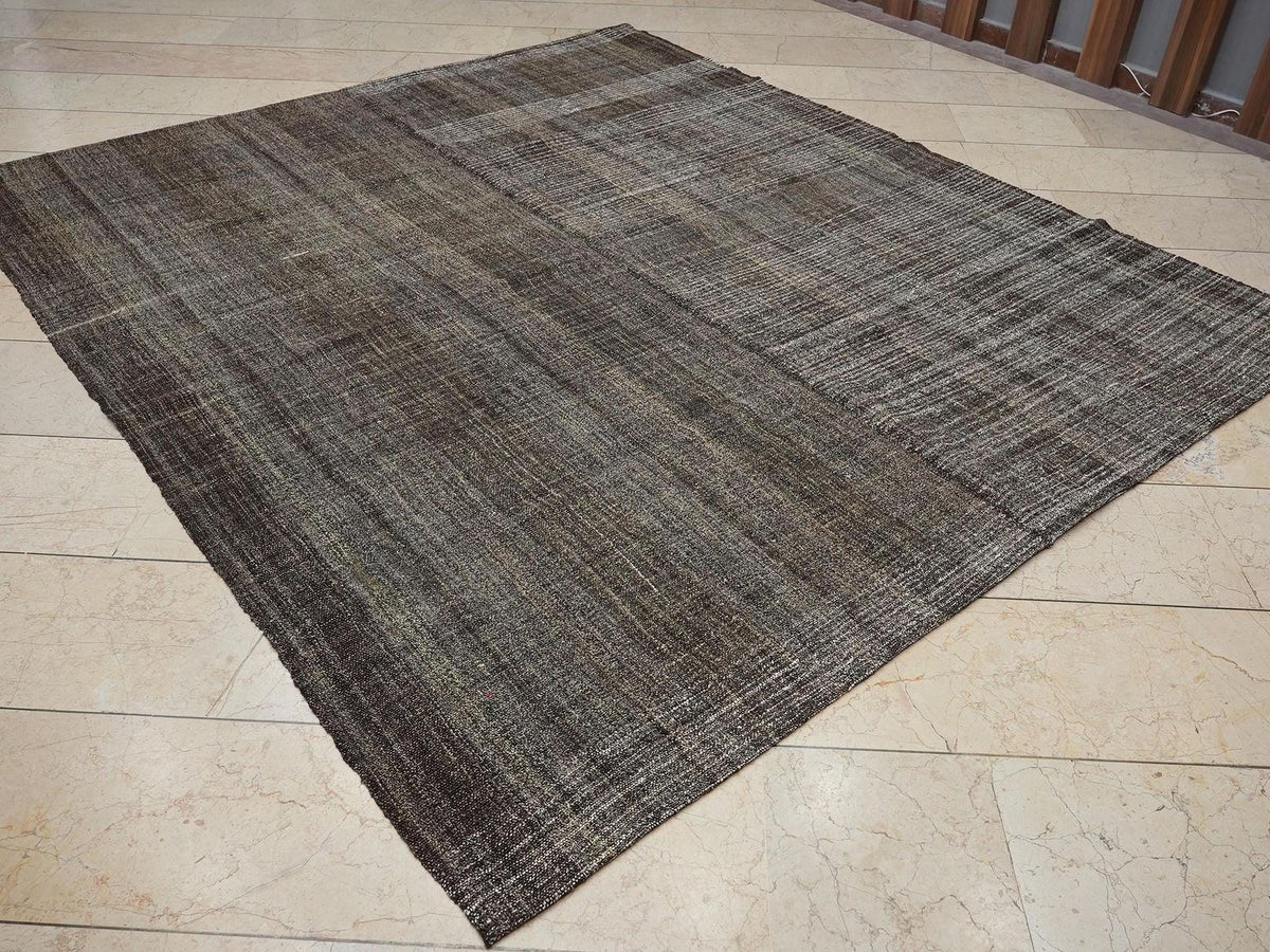 Unique Broken Stripe Rug - Natural Goat Hair Cotton Flat-Weave Kilim,7,4x8,4 Ft Turkish Rugs.