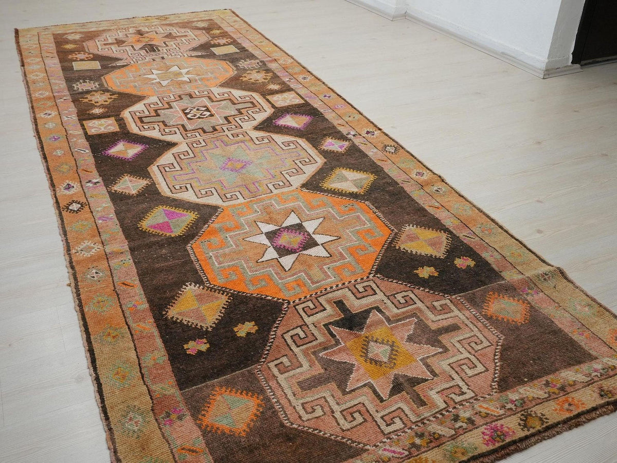 Antique Kars Wool Rug Runner: Tribal Geometric Design, 4.8x12.3 ft