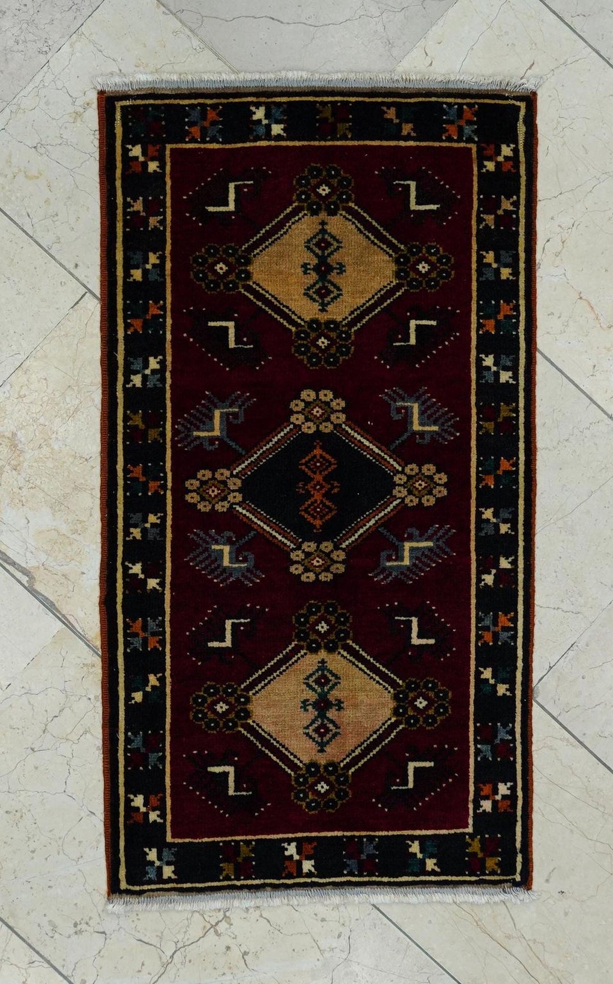 2x3 Mini Size Dark Red Turkish Old Carpet Rug: Wall Or Table Decor Rugs.