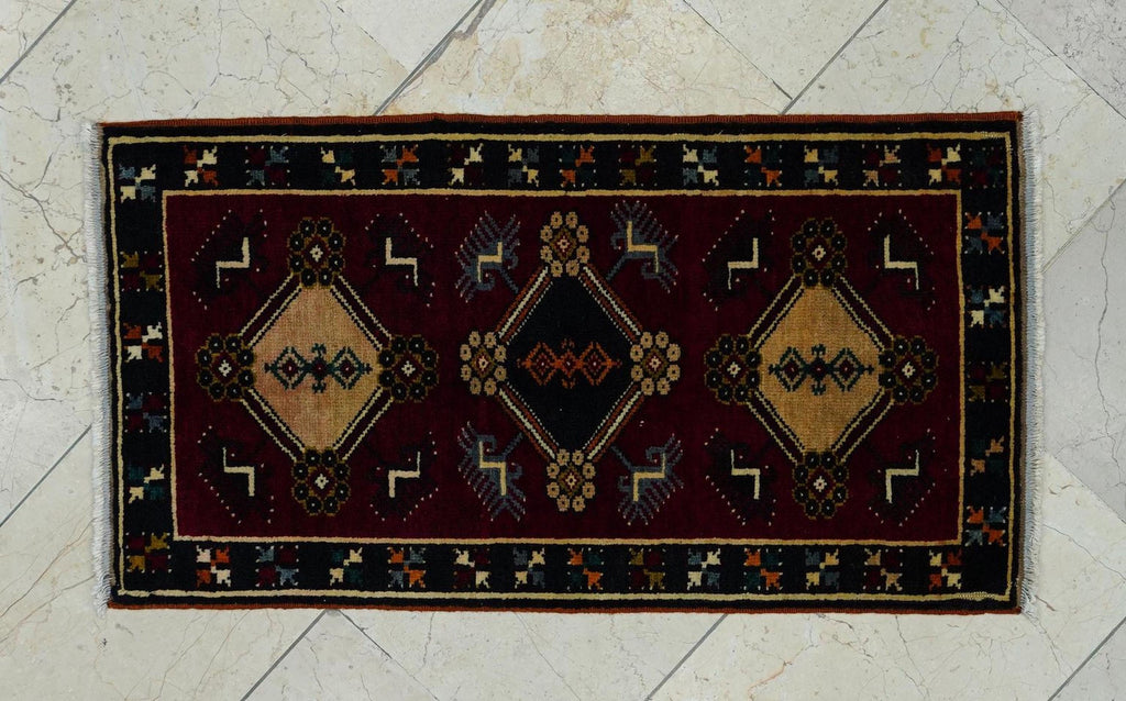 2x3 Mini Size Dark Red Turkish Old Carpet Rug: Wall Or Table Decor Rugs.