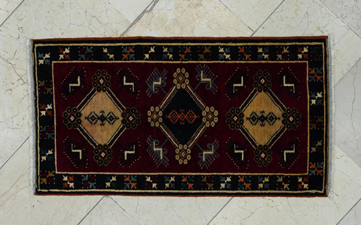2x3 Mini Size Dark Red Turkish Old Carpet Rug: Wall Or Table Decor Rugs.