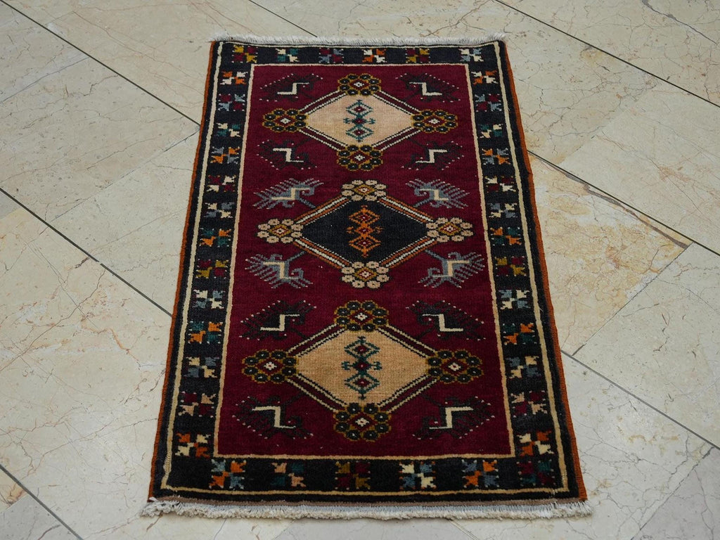 2x3 Mini Size Dark Red Turkish Old Carpet Rug: Wall Or Table Decor Rugs.