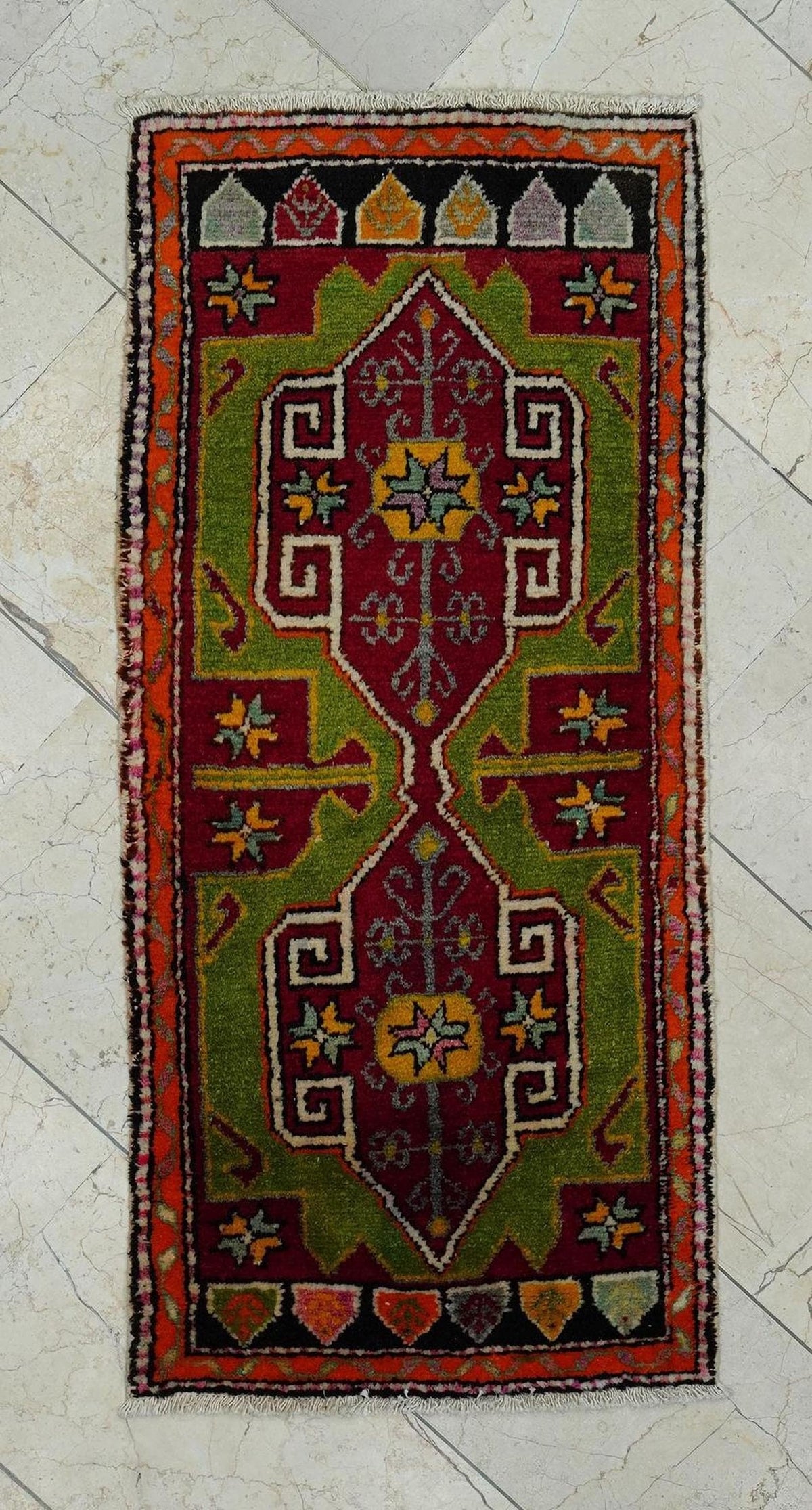 1940s Antique Small Turkish Carpet Rug: 2x4 Feet,Wall Hanging Decor Mini Size Rugs.
