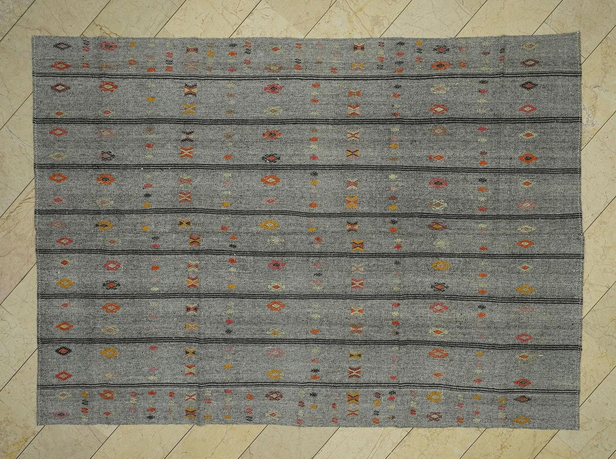 7x10 Summer Outdoor Decor: Black Stripe Gray Kilim Rug,Vintage Turkish Woven Rugs.