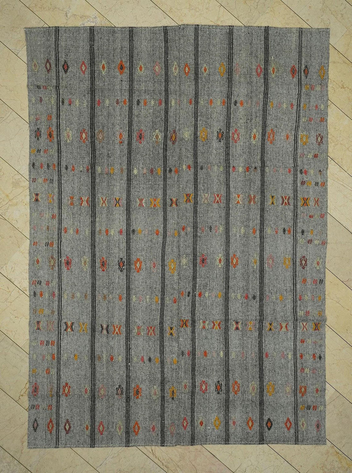 7x10 Summer Outdoor Decor: Black Stripe Gray Kilim Rug,Vintage Turkish Woven Rugs.