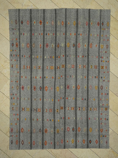 7x10 Summer Outdoor Decor: Black Stripe Gray Kilim Rug,Vintage Turkish Woven Rugs.
