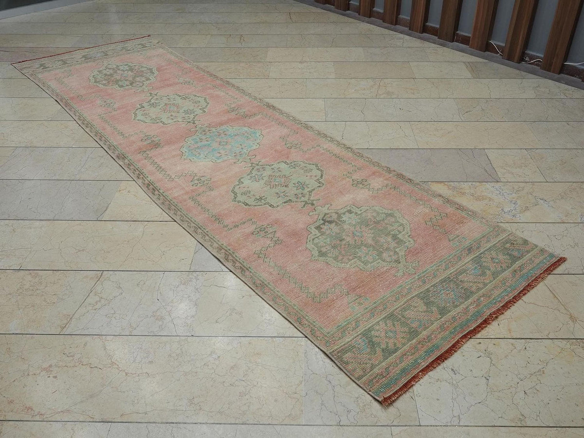 Long Oushak Rug Runner: 3.1"x11.1" Vintage Home Decor Turkish Wool Carpet Rugs.