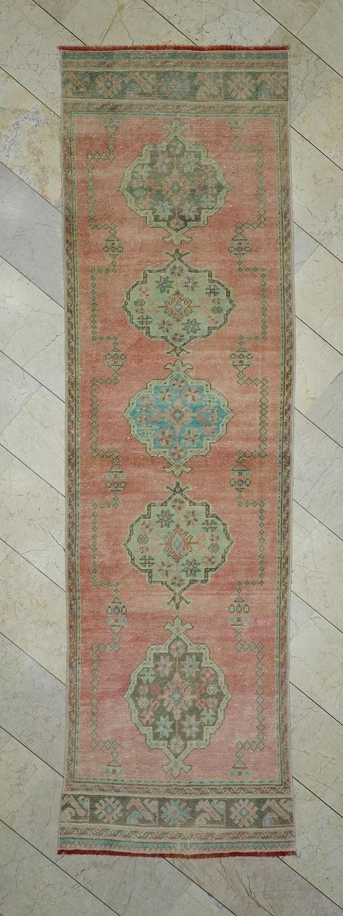 Long Oushak Rug Runner: 3.1"x11.1" Vintage Home Decor Turkish Wool Carpet Rugs.