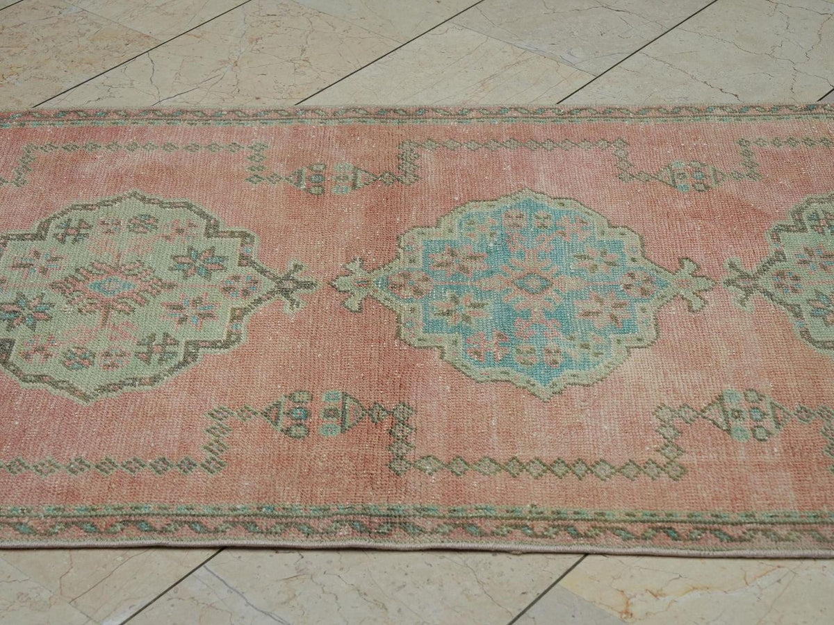 Long Oushak Rug Runner: 3.1"x11.1" Vintage Home Decor Turkish Wool Carpet Rugs.