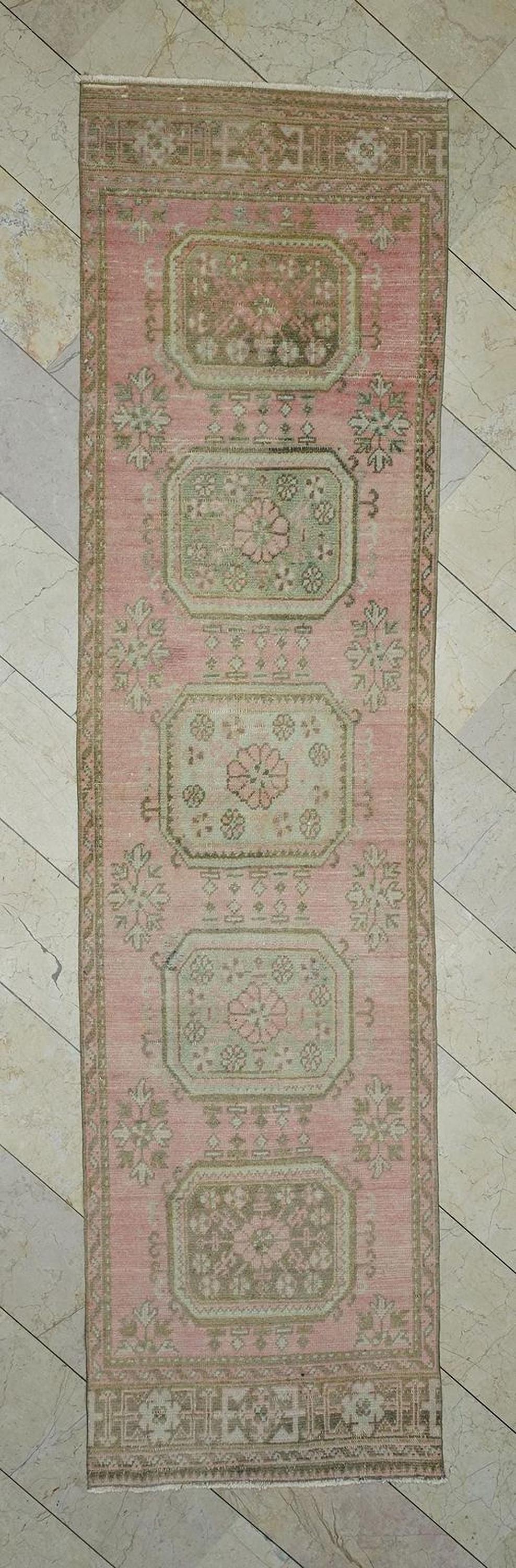 Salmon Pink Vintage Oushak Rug Runner: Long Turkish Mid-Century Decor Wool Rugs 2.9x11.5 Ft.