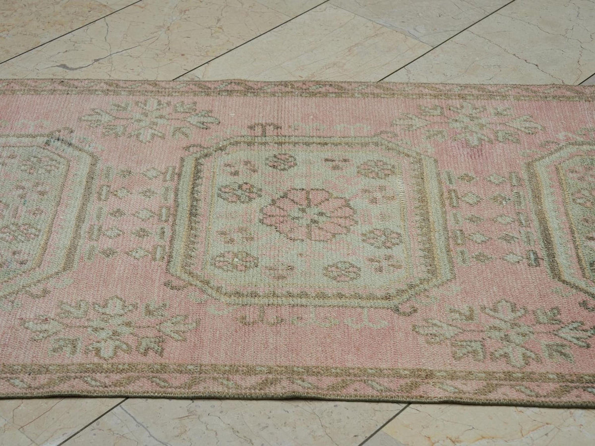 Salmon Pink Vintage Oushak Rug Runner: Long Turkish Mid-Century Decor Wool Rugs 2.9x11.5 Ft.