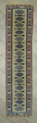 Yellow & Blue Wool Oushak Rug Runner: Mid-Century Modern, Ethnic Pattern (2,5"x10,1" Feet)