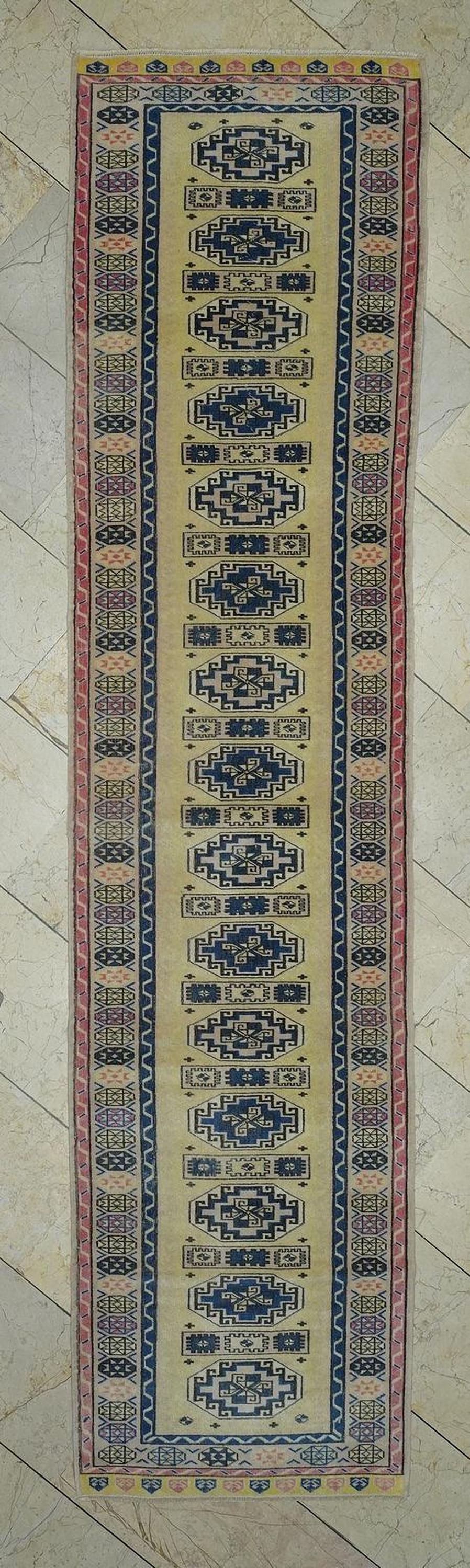 Yellow & Blue Wool Oushak Rug Runner: Mid-Century Modern, Ethnic Pattern (2,5"x10,1" Feet)