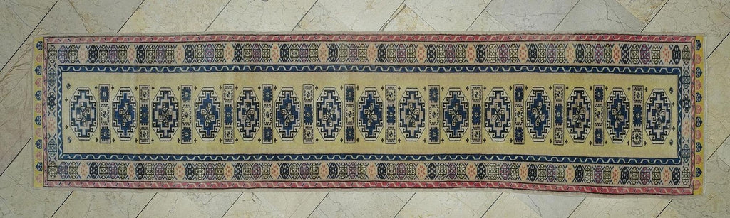 Yellow & Blue Wool Oushak Rug Runner: Mid-Century Modern, Ethnic Pattern (2,5"x10,1" Feet)