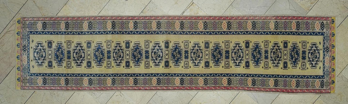 Yellow & Blue Wool Oushak Rug Runner: Mid-Century Modern, Ethnic Pattern (2,5"x10,1" Feet)