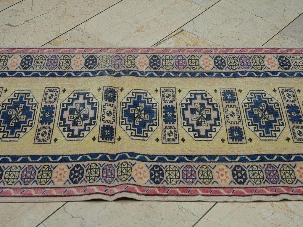 Yellow & Blue Wool Oushak Rug Runner: Mid-Century Modern, Ethnic Pattern (2,5"x10,1" Feet)