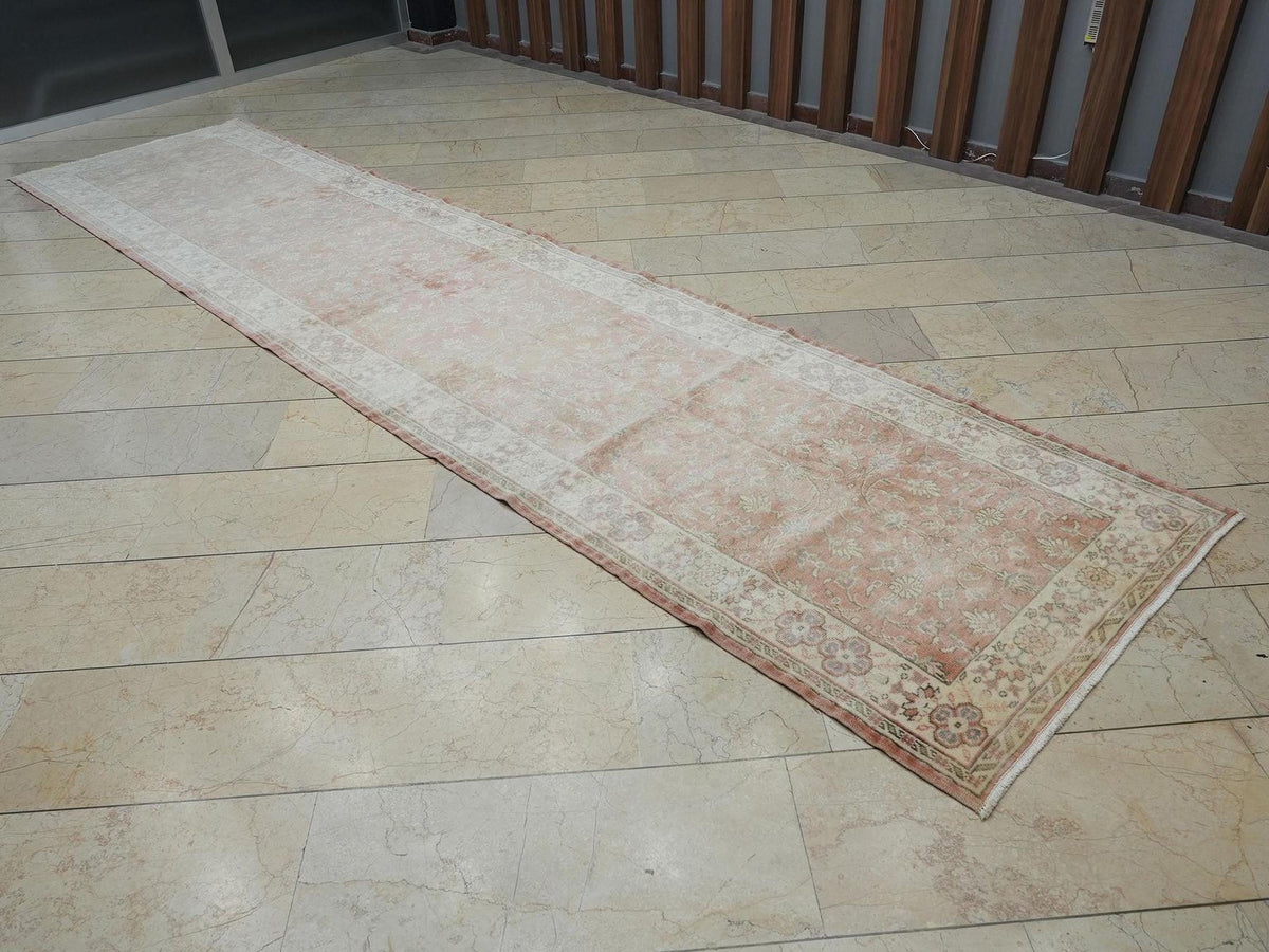 Extra Long Vintage Oushak Rug Runner: Stair Treads Decor Turkish Wool Rugs 3,4x14,4 Feet.