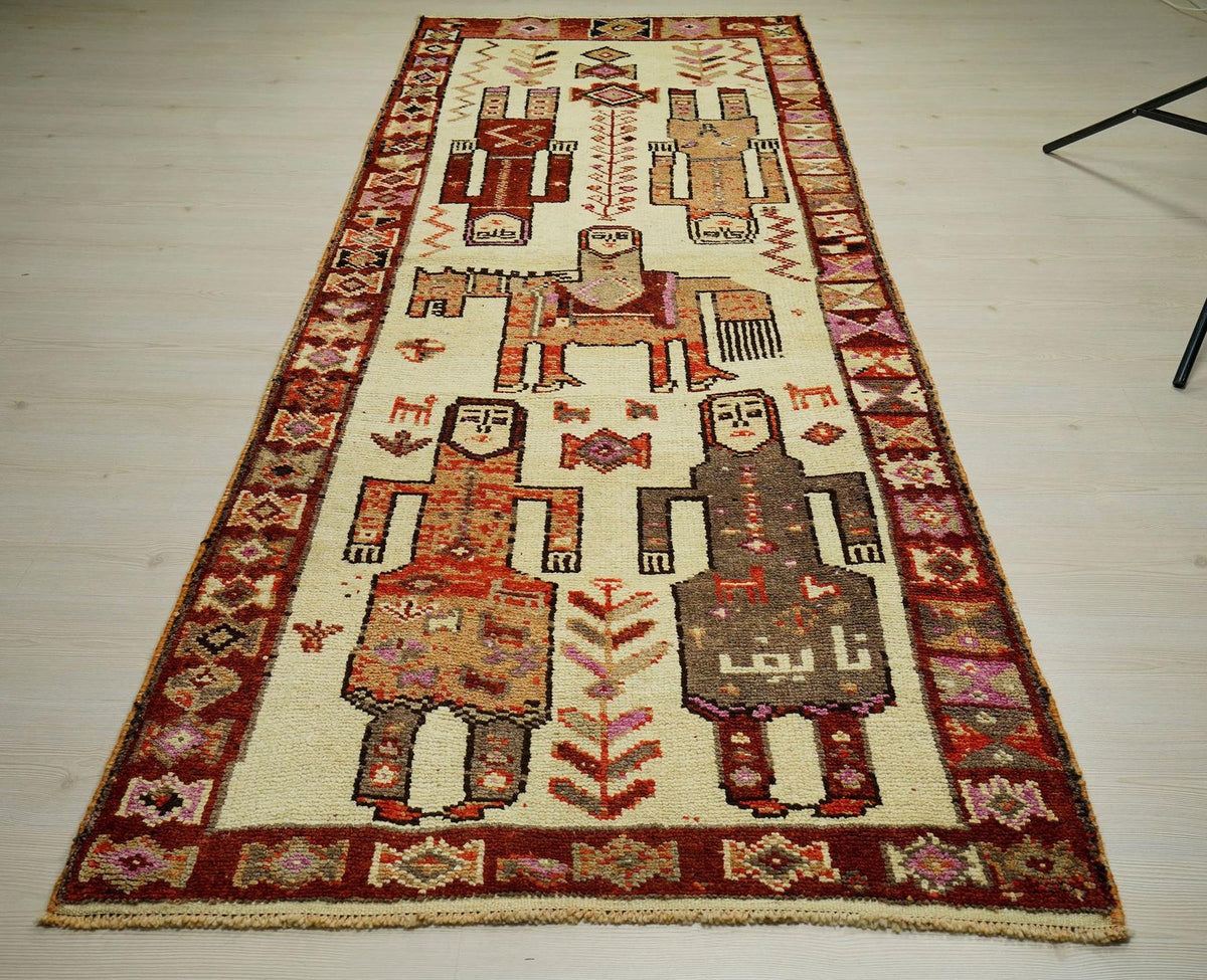 Horse and Human Design Rug: Tribal Wool Carpet (3.9x10.3 ft)