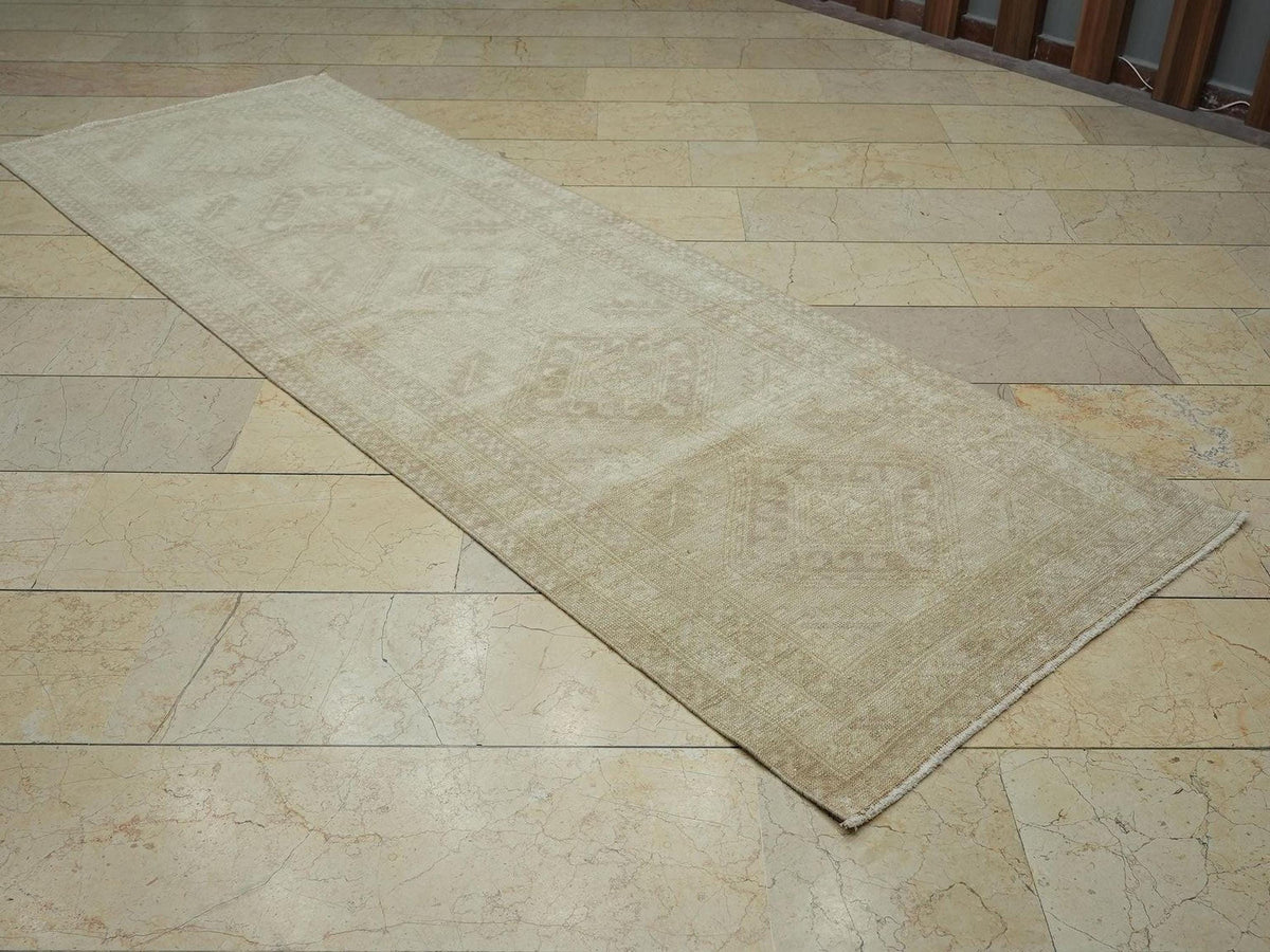 Vintage Beige & Brown Turkish Rug Runner,3.1x9.4 Ft,Home Kitchen Decor Rugs.