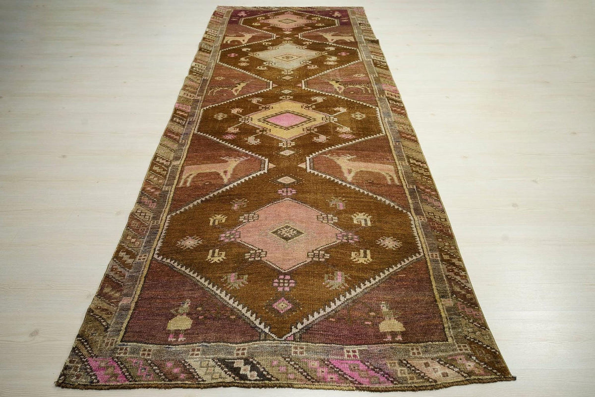 Handmade Turkish Kars Wool Rug: 4x11 Vintage Tribal Carpet