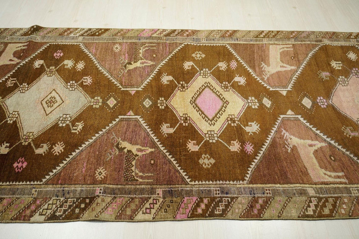 Handmade Turkish Kars Wool Rug: 4x11 Vintage Tribal Carpet