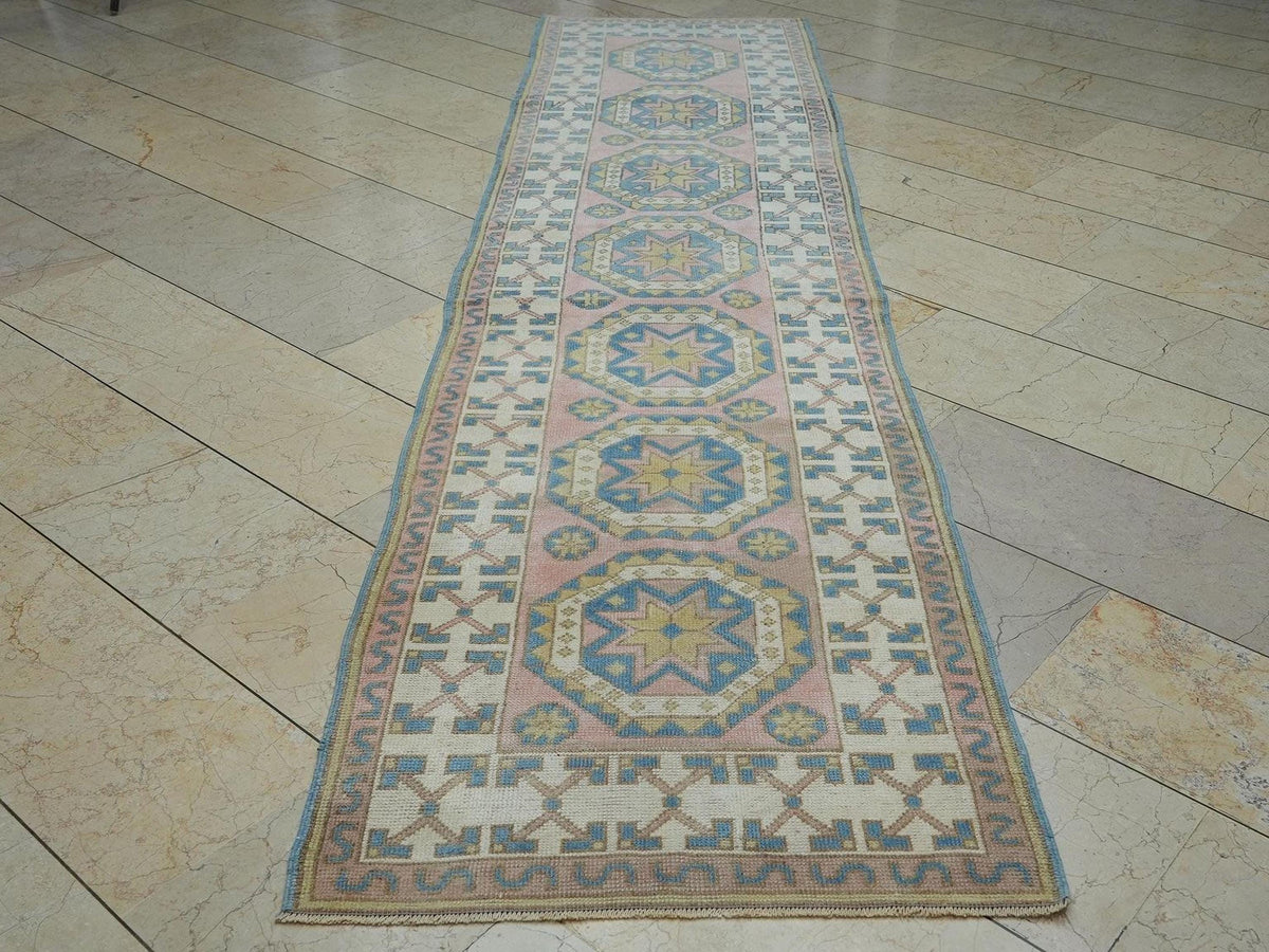 Narrow Vintage Oushak Rug Runner: Blue & Salmon Pink Turkish Wool Rugs 2,8x11,2 Feet.