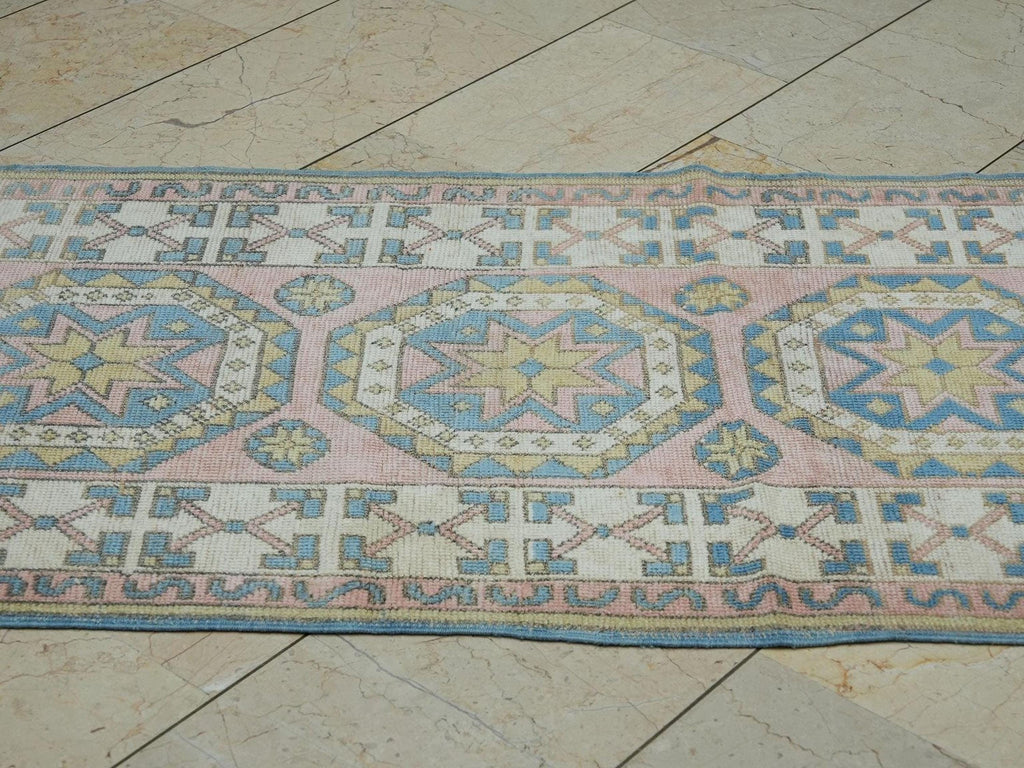 Narrow Vintage Oushak Rug Runner: Blue & Salmon Pink Turkish Wool Rugs 2,8x11,2 Feet.
