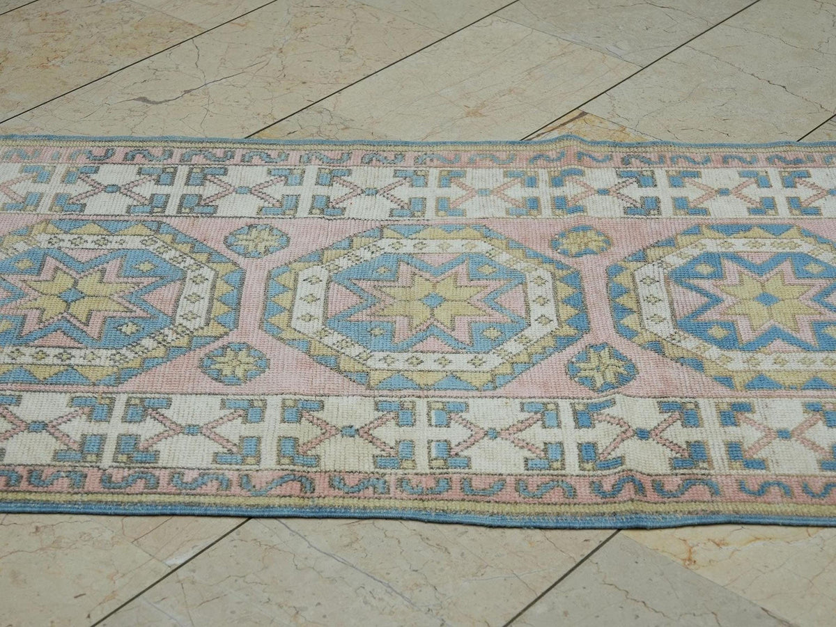Narrow Vintage Oushak Rug Runner: Blue & Salmon Pink Turkish Wool Rugs 2,8x11,2 Feet.