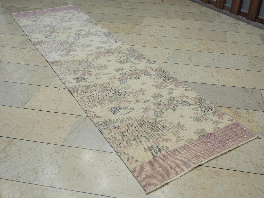 Floral Vintage Handmade Oushak Rug Runner,2.8x10.3 Ft,Wool Turkish Rugs.