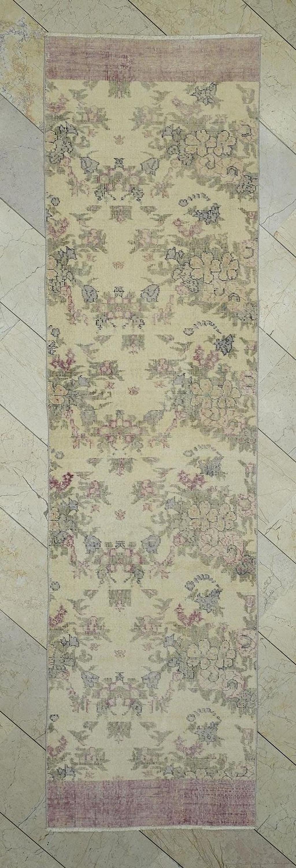 Floral Vintage Handmade Oushak Rug Runner,2.8x10.3 Ft,Wool Turkish Rugs.