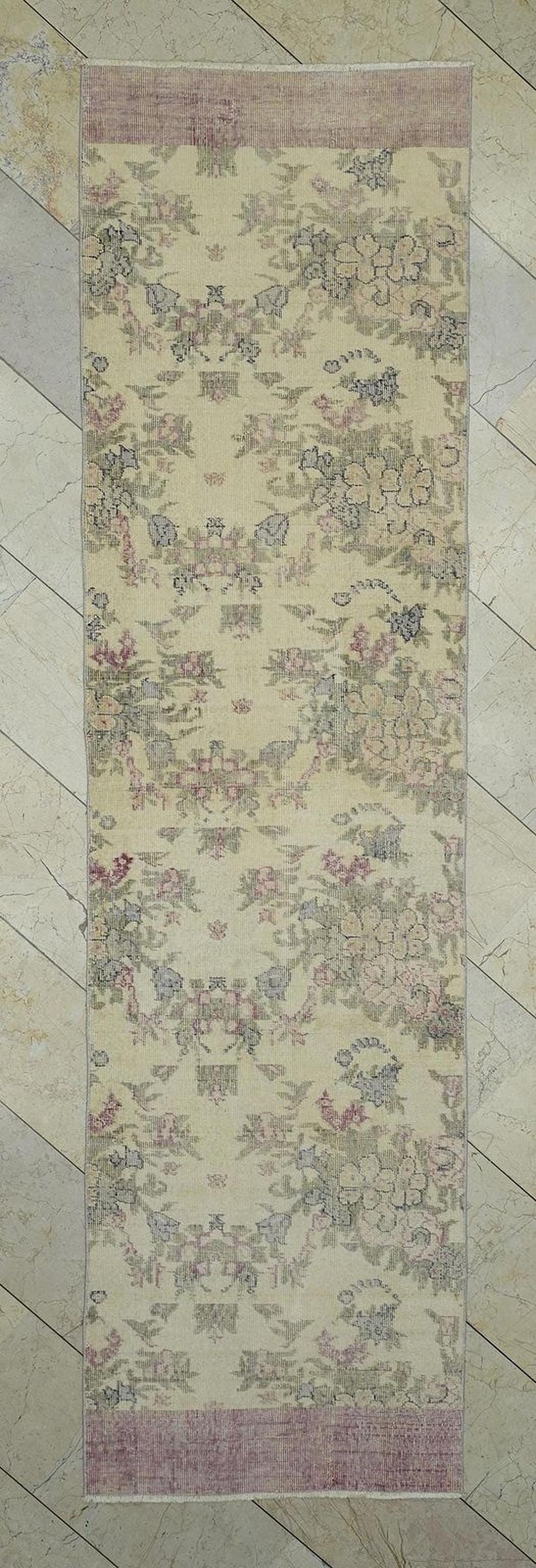 Floral Vintage Handmade Oushak Rug Runner,2.8x10.3 Ft,Wool Turkish Rugs.