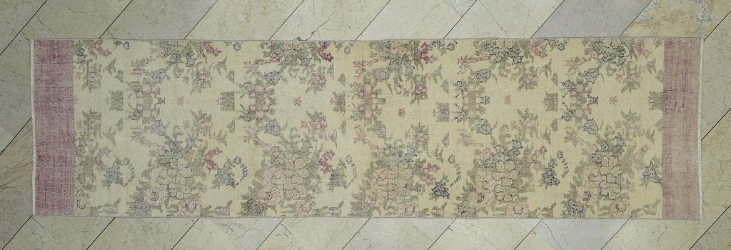Floral Vintage Handmade Oushak Rug Runner,2.8x10.3 Ft,Wool Turkish Rugs.