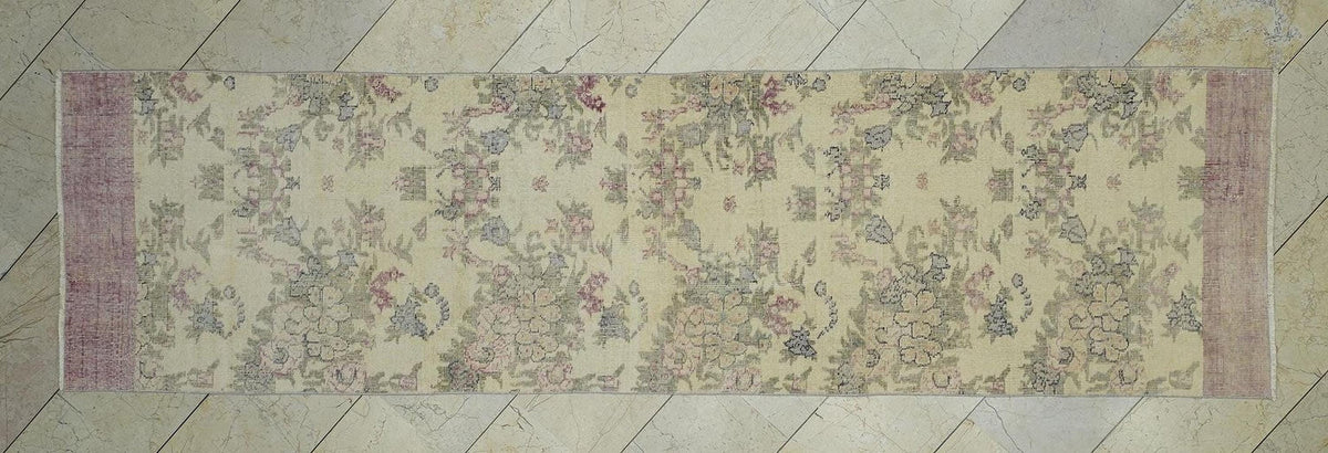 Floral Vintage Handmade Oushak Rug Runner,2.8x10.3 Ft,Wool Turkish Rugs.