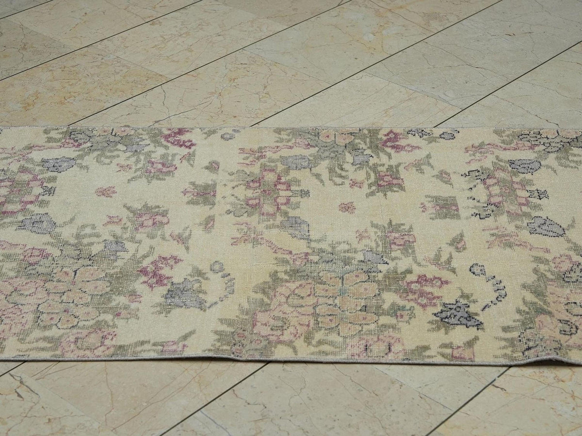 Floral Vintage Handmade Oushak Rug Runner,2.8x10.3 Ft,Wool Turkish Rugs.