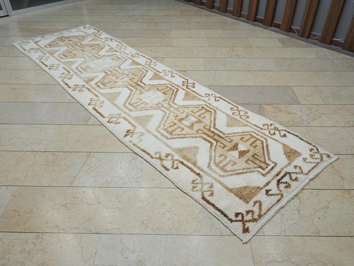 Brown & White Handmade Wool Turkish Rug Runner: Kitchen Decor Rugs 3.2x11.4 Feet.