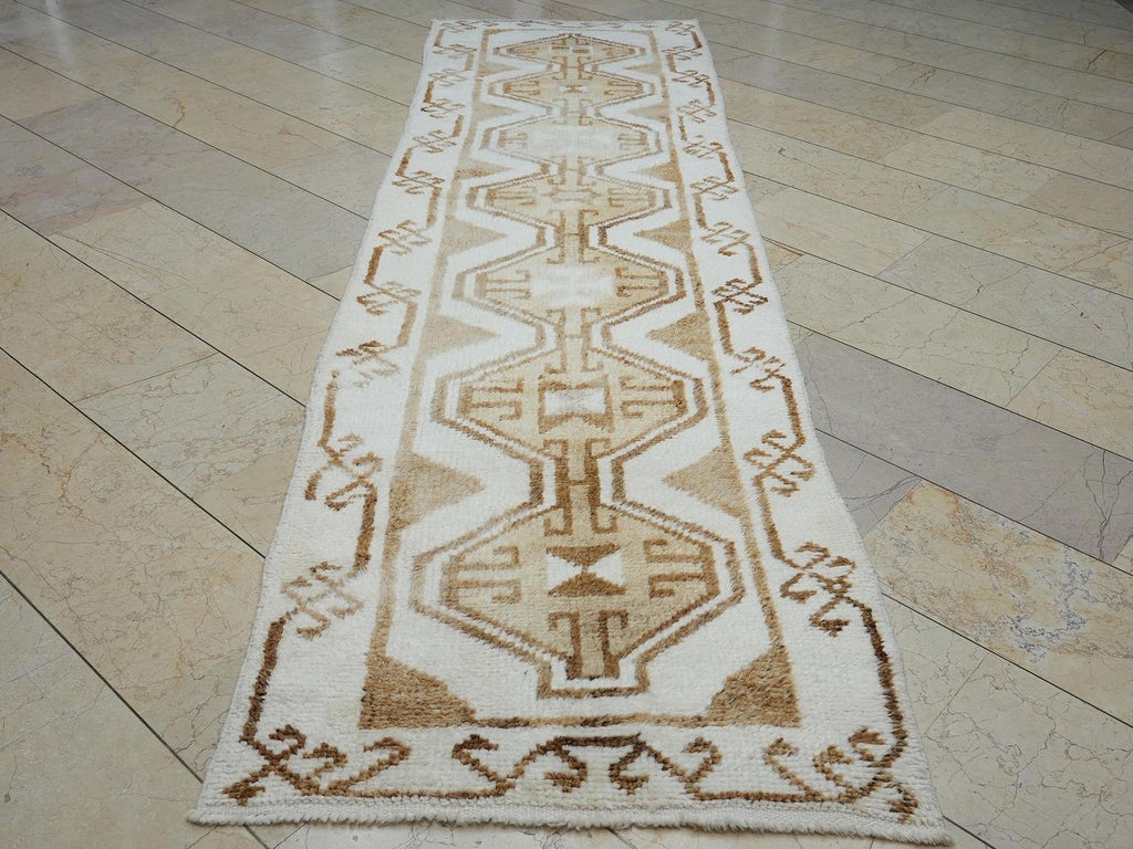 Brown & White Handmade Wool Turkish Rug Runner: Kitchen Decor Rugs 3.2x11.4 Feet.