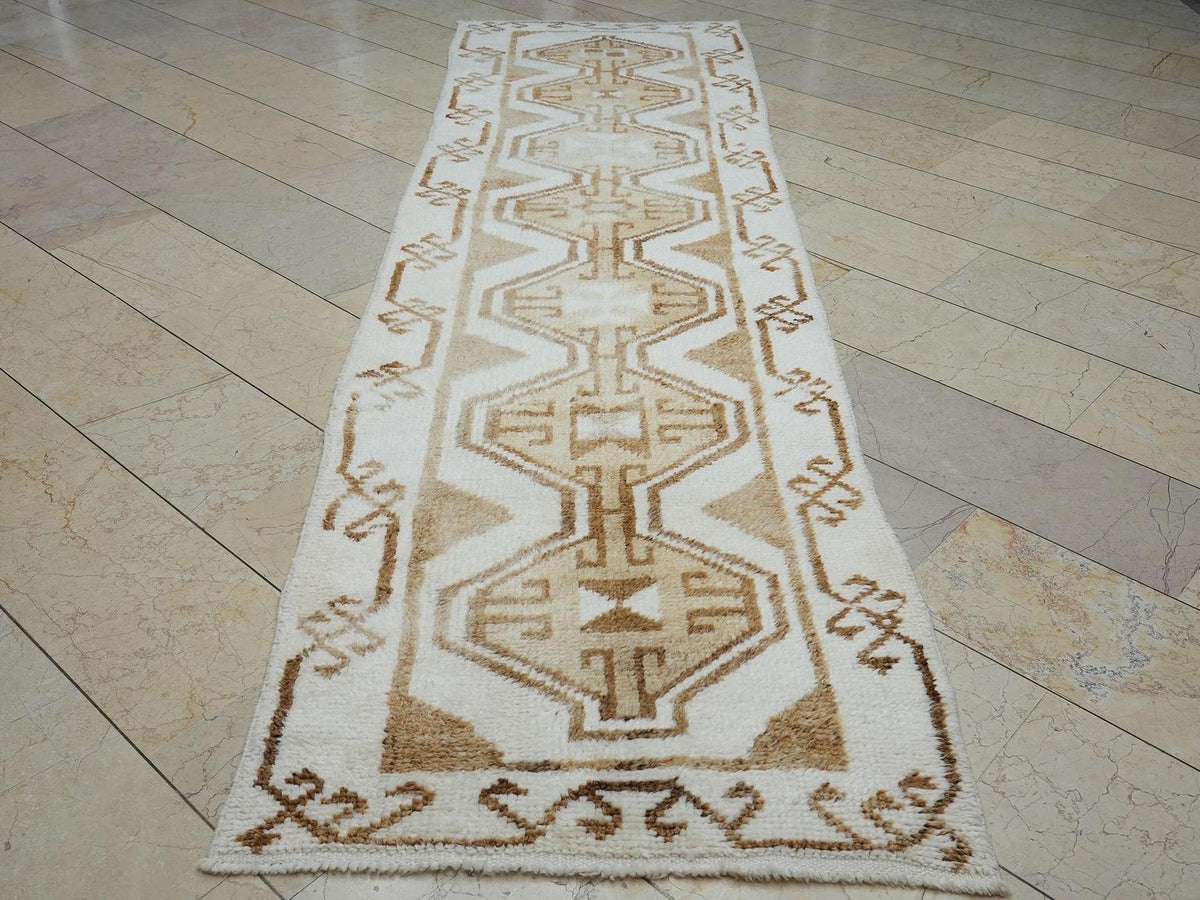 Brown & White Handmade Wool Turkish Rug Runner: Kitchen Decor Rugs 3.2x11.4 Feet.
