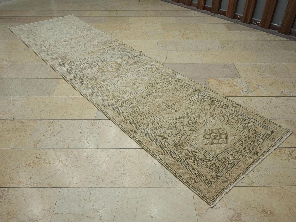 Vintage Turkish Wool Carpet Rug Runner,3x11.2 Ft,Geometric Handmade Rugs.