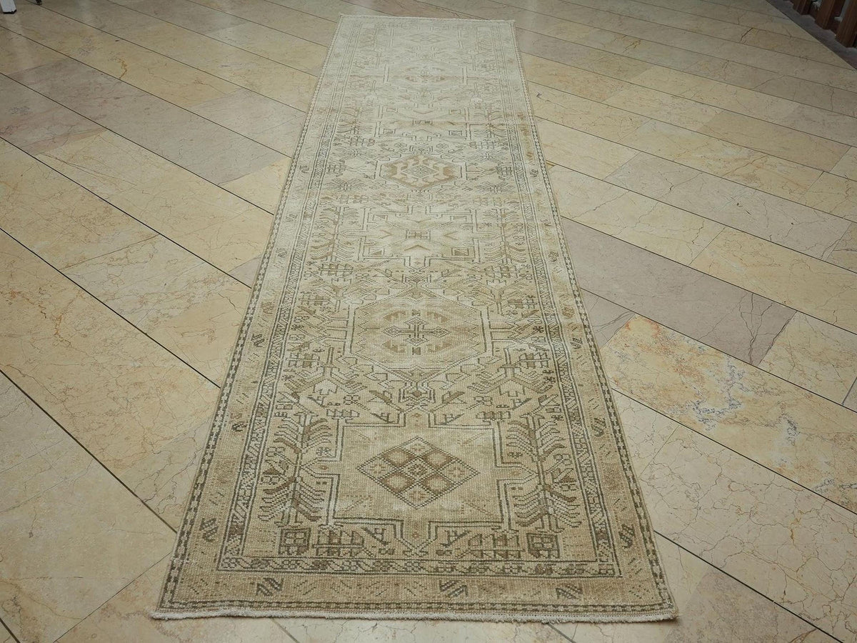 Vintage Turkish Wool Carpet Rug Runner,3x11.2 Ft,Geometric Handmade Rugs.