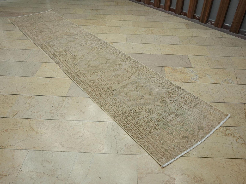2.6x12 Beige Brown Vintage Turkish Wool Rug Runner,Mid Century Handmade Carpet.