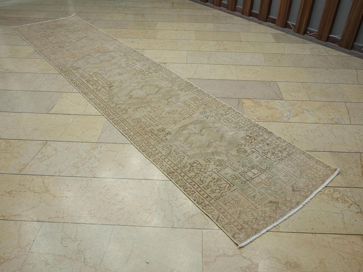 2.6x12 Beige Brown Vintage Turkish Wool Rug Runner,Mid Century Handmade Carpet.