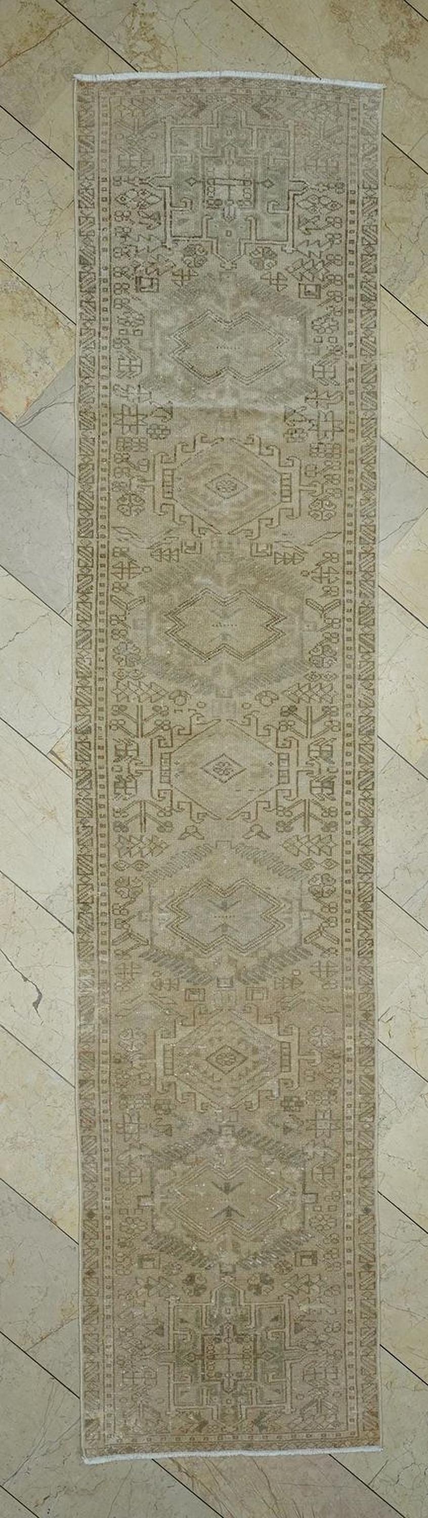 2.6x12 Beige Brown Vintage Turkish Wool Rug Runner,Mid Century Handmade Carpet.