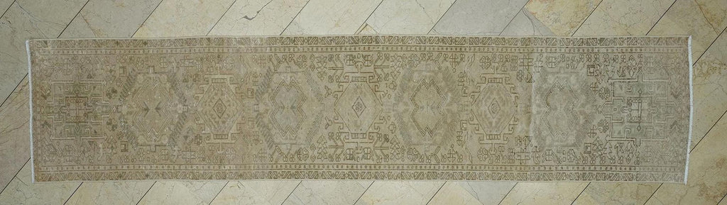 2.6x12 Beige Brown Vintage Turkish Wool Rug Runner,Mid Century Handmade Carpet.
