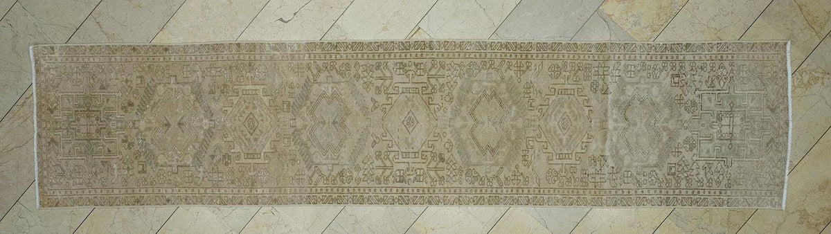 2.6x12 Beige Brown Vintage Turkish Wool Rug Runner,Mid Century Handmade Carpet.