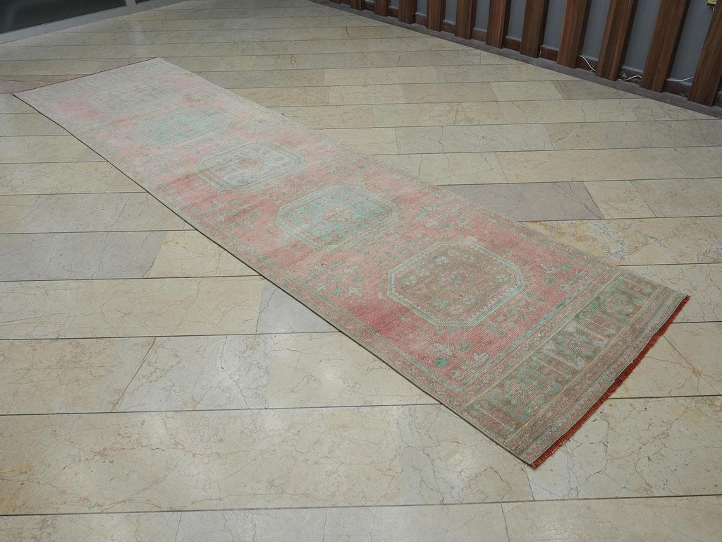 3x12 Vintage Oushak Rug Runner: Long Turkish Wool Carpet Rugs.