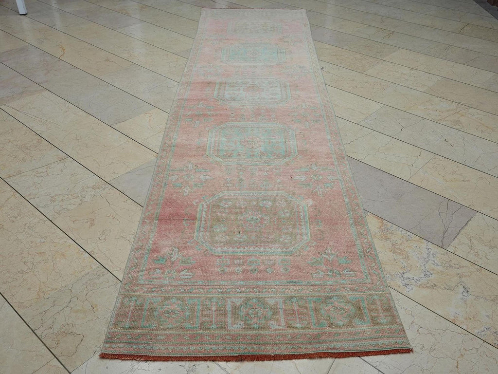 3x12 Vintage Oushak Rug Runner: Long Turkish Wool Carpet Rugs.