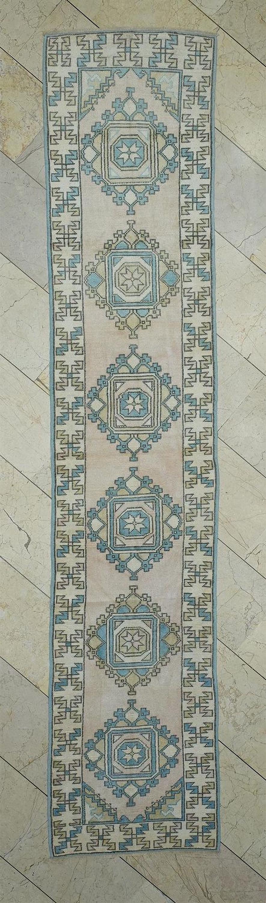 Salmon Pink Wool Oushak Rug Runner: Turkish Mid Century Modern 2x11 Ft.
